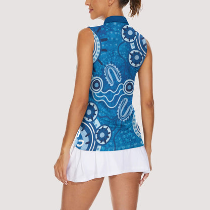 Australia Indigenous Prostate Cancer Prevention Women Sleeveless Polo Shirt Blue Ribbon Aboriginal Art