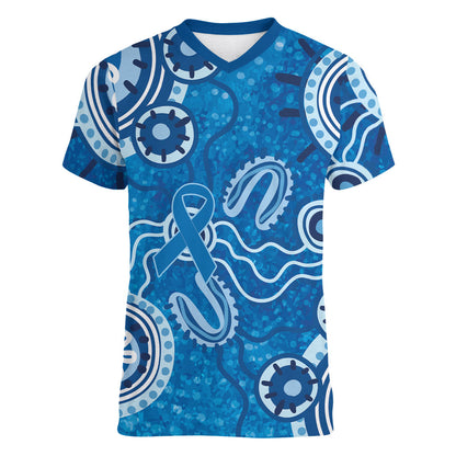 Australia Indigenous Prostate Cancer Prevention Women V-Neck T-Shirt Blue Ribbon Aboriginal Art