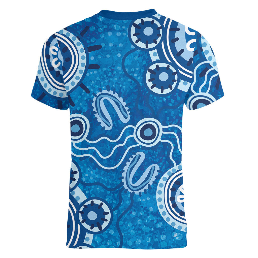Australia Indigenous Prostate Cancer Prevention Women V-Neck T-Shirt Blue Ribbon Aboriginal Art