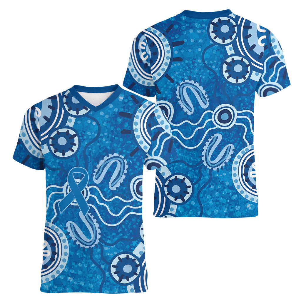 Australia Indigenous Prostate Cancer Prevention Women V-Neck T-Shirt Blue Ribbon Aboriginal Art