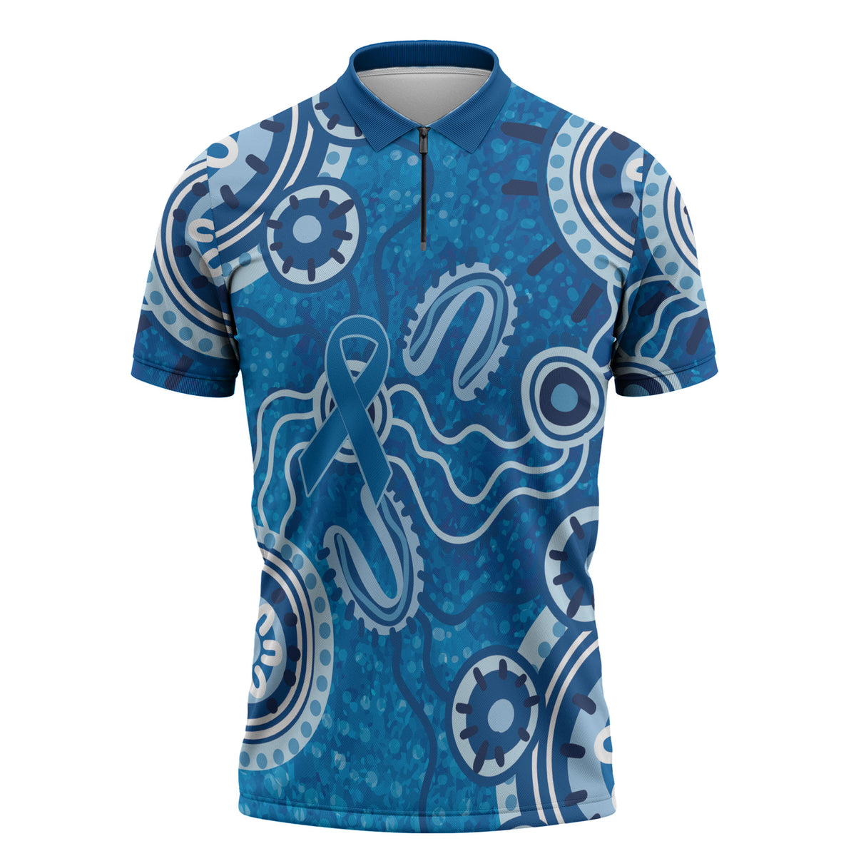 Australia Indigenous Prostate Cancer Prevention Zipper Polo Shirt Blue Ribbon Aboriginal Art