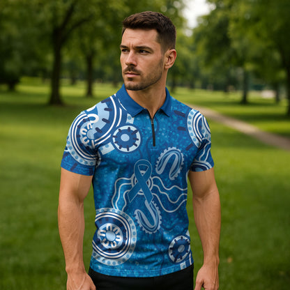 Australia Indigenous Prostate Cancer Prevention Zipper Polo Shirt Blue Ribbon Aboriginal Art