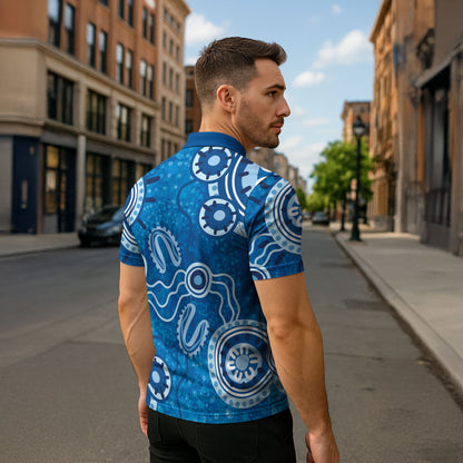 Australia Indigenous Prostate Cancer Prevention Zipper Polo Shirt Blue Ribbon Aboriginal Art