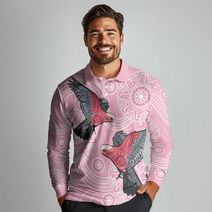 Pink Galah Aussie Aboriginal Long Sleeve Polo Shirt Soaring High