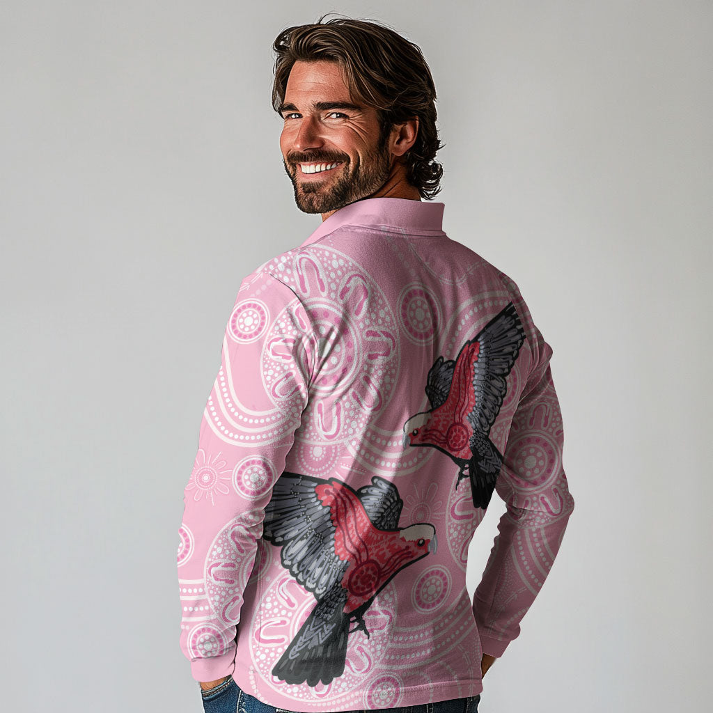 Pink Galah Aussie Aboriginal Long Sleeve Polo Shirt Soaring High