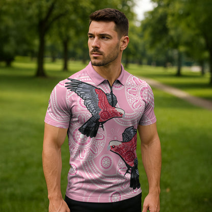 Pink Galah Aussie Aboriginal Zipper Polo Shirt Soaring High