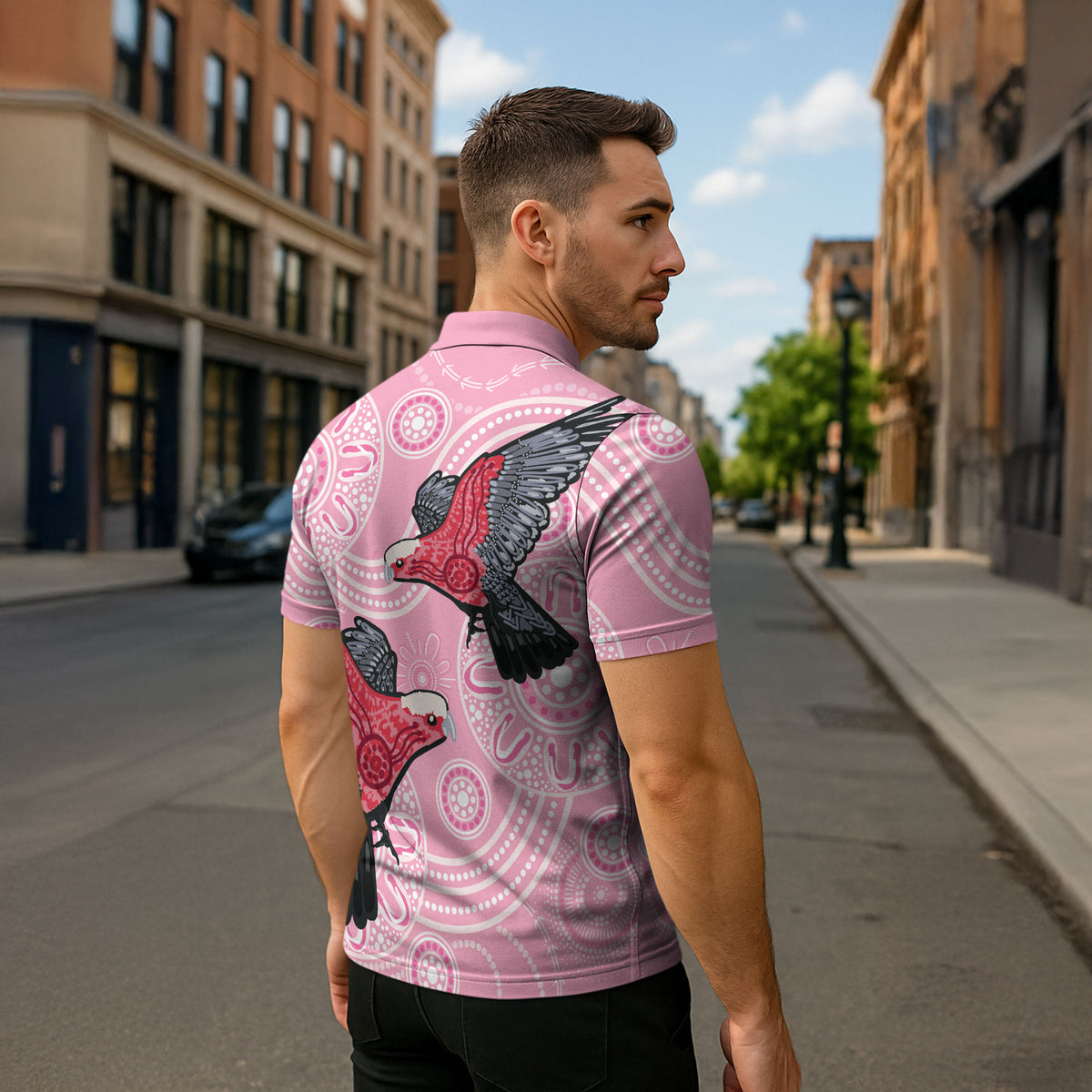Pink Galah Aussie Aboriginal Zipper Polo Shirt Soaring High