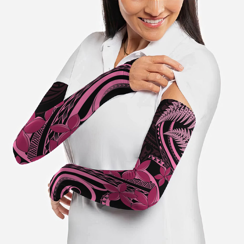 Aotearoa Maori Arm Sleeves Pink Fern Ribbons on Black