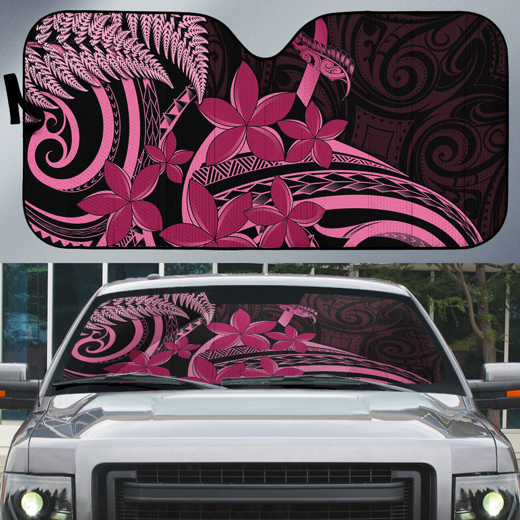 Aotearoa Maori Auto Sun Shade Pink Fern Ribbons on Black