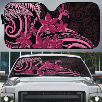 Aotearoa Maori Auto Sun Shade Pink Fern Ribbons on Black