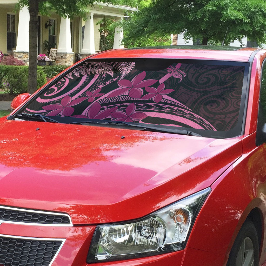 Aotearoa Maori Auto Sun Shade Pink Fern Ribbons on Black