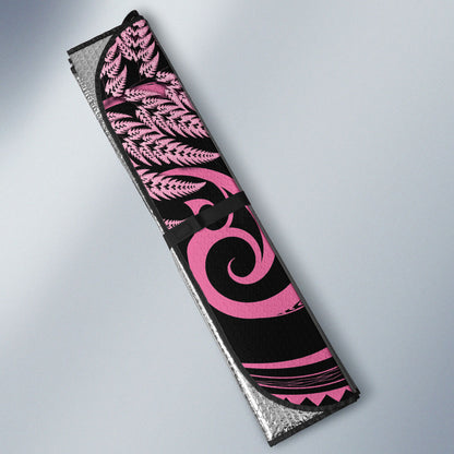 Aotearoa Maori Auto Sun Shade Pink Fern Ribbons on Black
