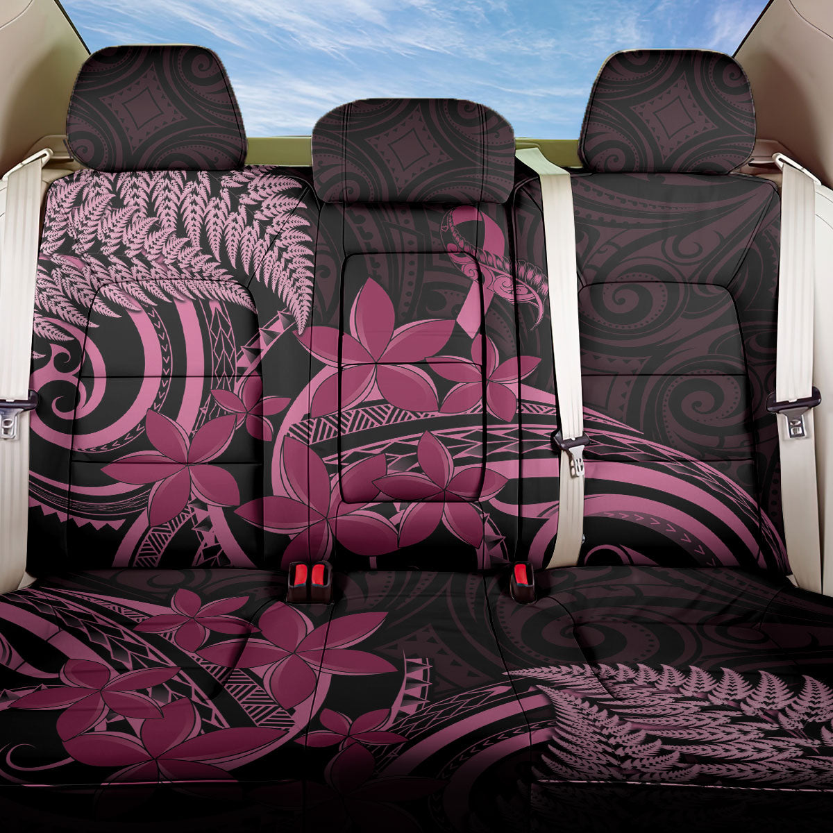Aotearoa Maori Back Car Seat Cover Pink Fern Ribbons on Black