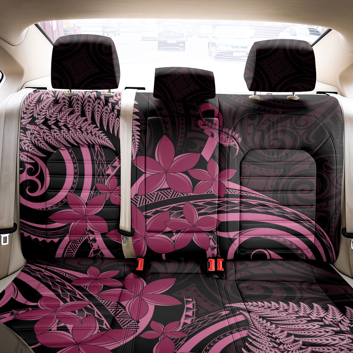 Aotearoa Maori Back Car Seat Cover Pink Fern Ribbons on Black