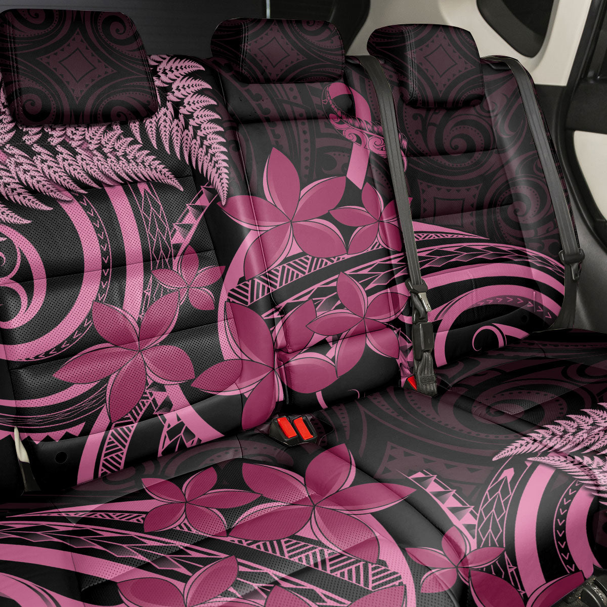 Aotearoa Maori Back Car Seat Cover Pink Fern Ribbons on Black