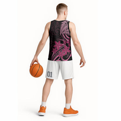 Aotearoa Maori Basketball Jersey Pink Fern Ribbons on Black