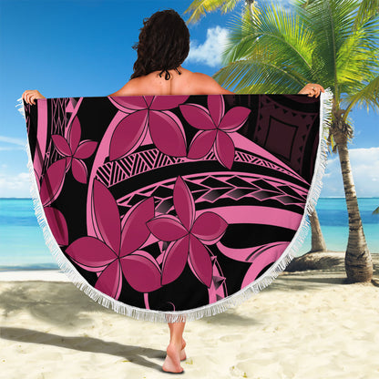 Aotearoa Maori Beach Blanket Pink Fern Ribbons on Black
