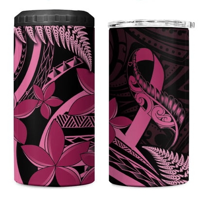 Aotearoa Maori 4 in 1 Can Cooler Tumbler Pink Fern Ribbons on Black