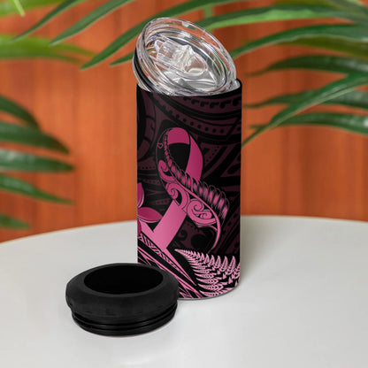Aotearoa Maori 4 in 1 Can Cooler Tumbler Pink Fern Ribbons on Black