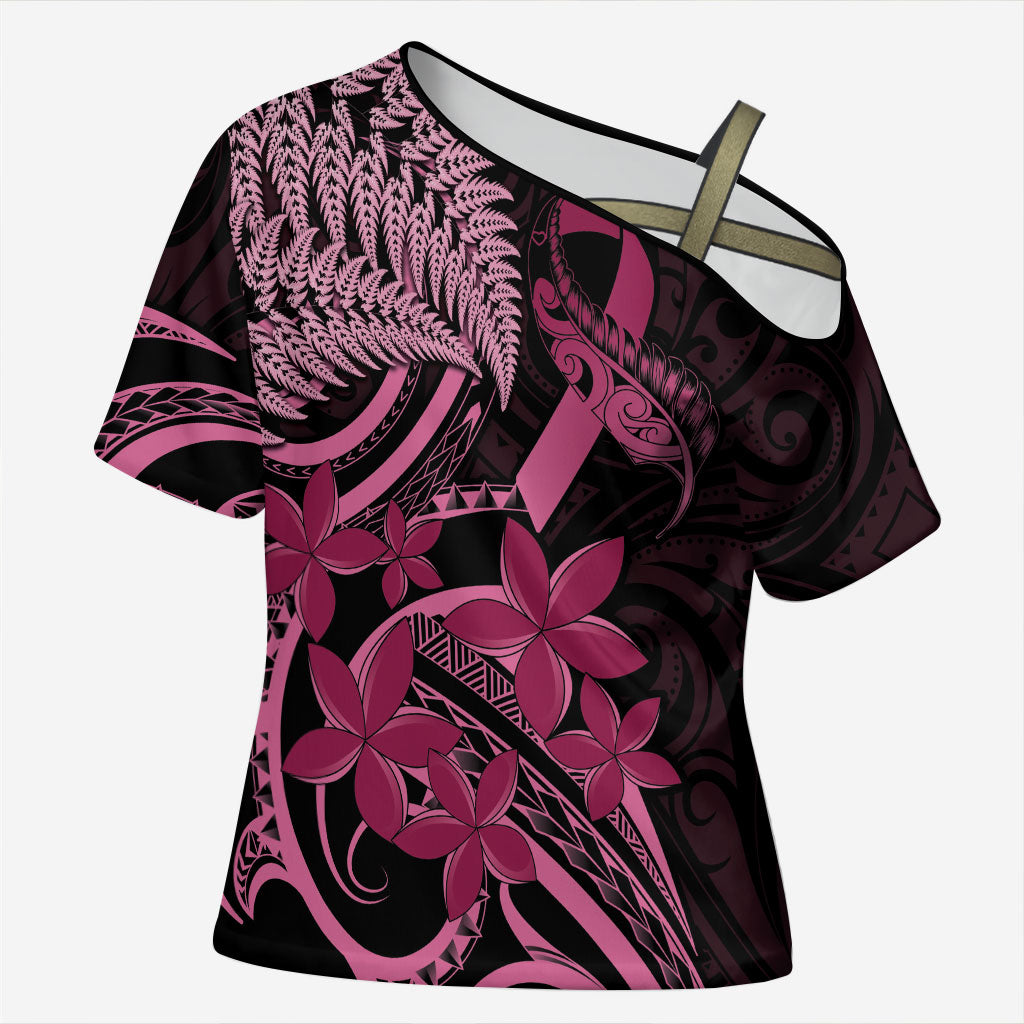 Aotearoa Maori Cross Shoulder Shirt Pink Fern Ribbons on Black