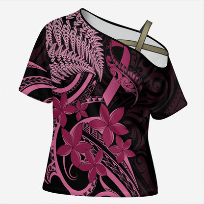 Aotearoa Maori Cross Shoulder Shirt Pink Fern Ribbons on Black