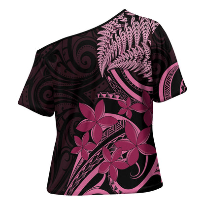 Aotearoa Maori Cross Shoulder Shirt Pink Fern Ribbons on Black