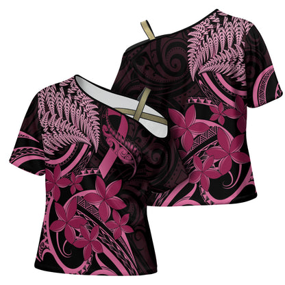 Aotearoa Maori Cross Shoulder Shirt Pink Fern Ribbons on Black