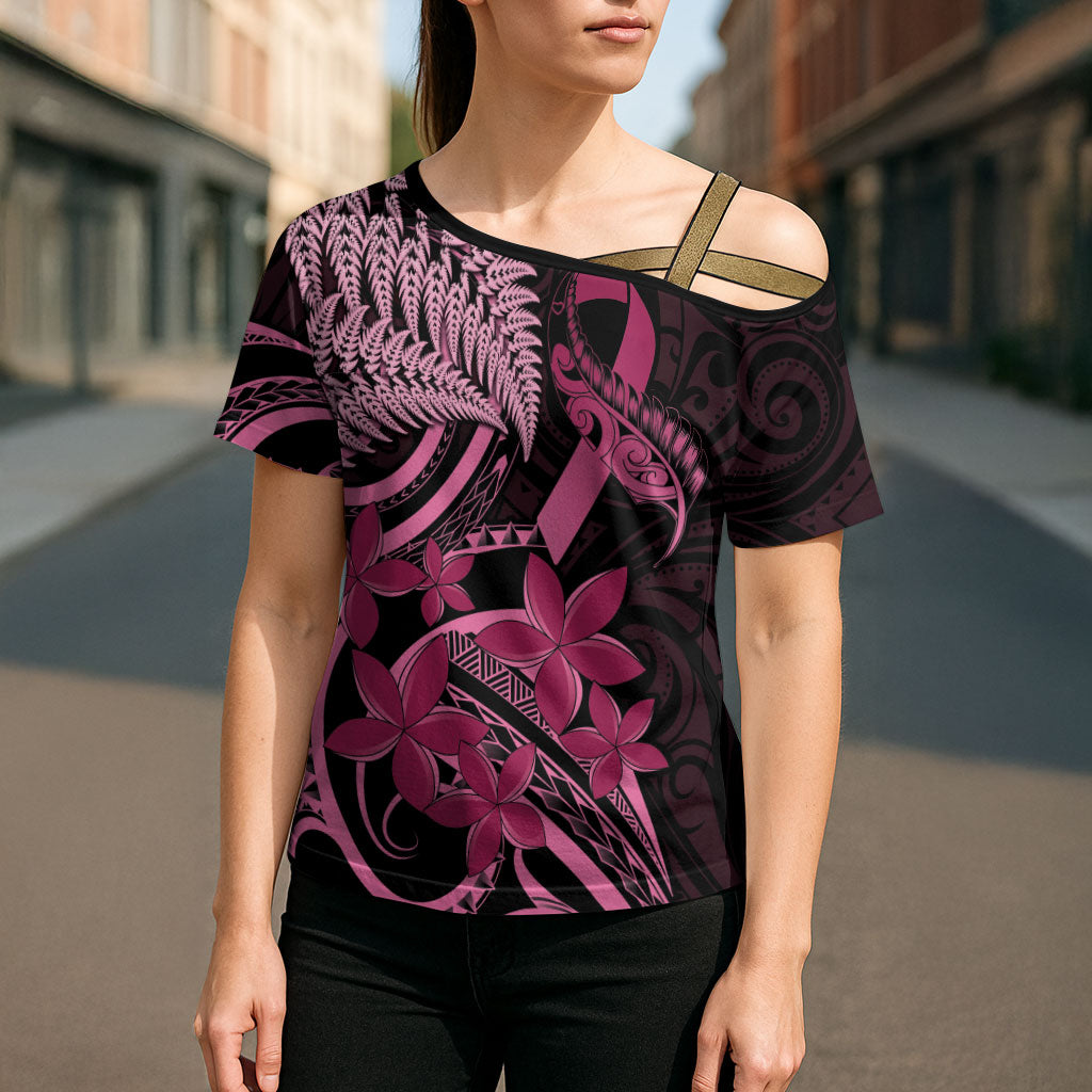 Aotearoa Maori Cross Shoulder Shirt Pink Fern Ribbons on Black