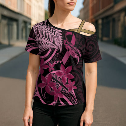 Aotearoa Maori Cross Shoulder Shirt Pink Fern Ribbons on Black