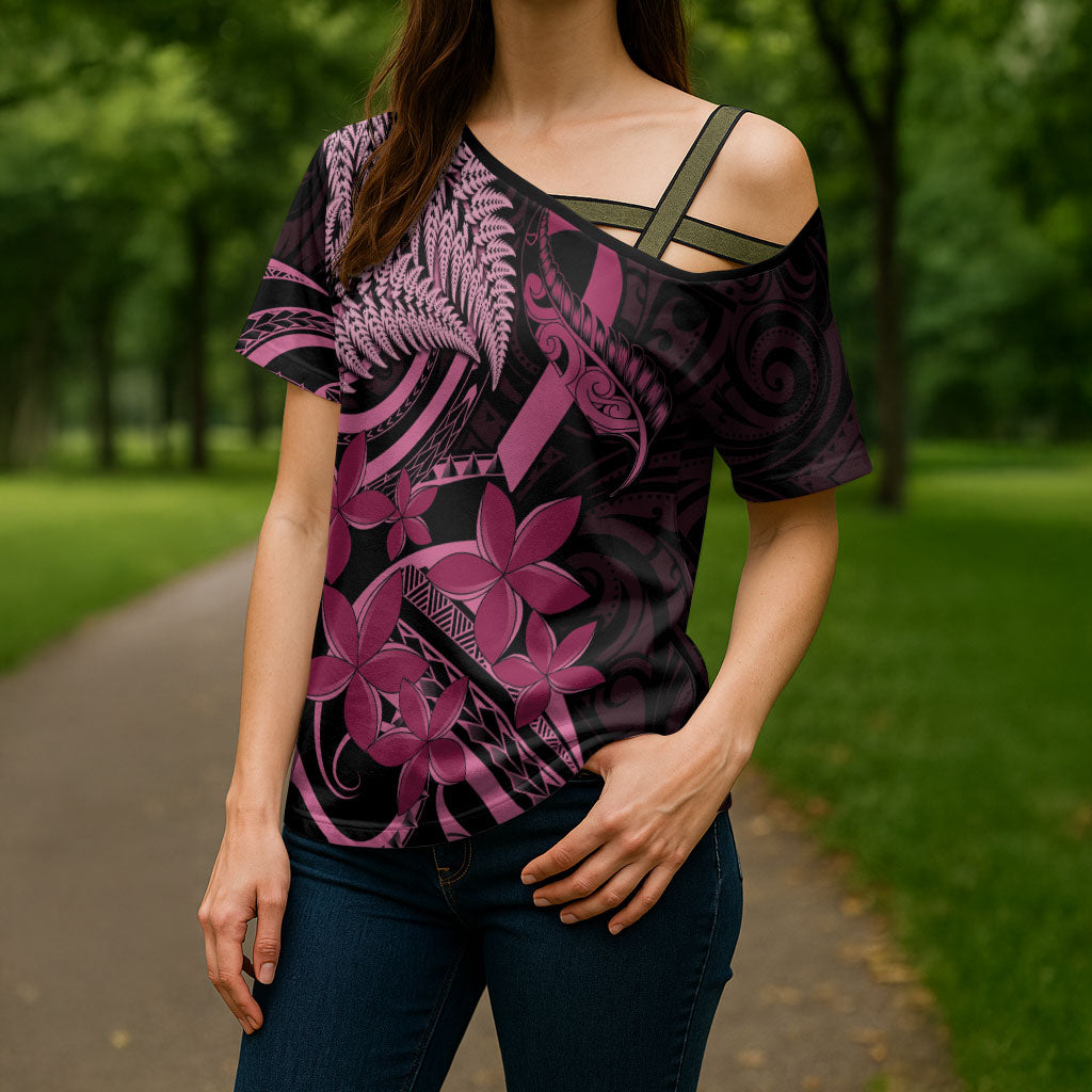 Aotearoa Maori Cross Shoulder Shirt Pink Fern Ribbons on Black