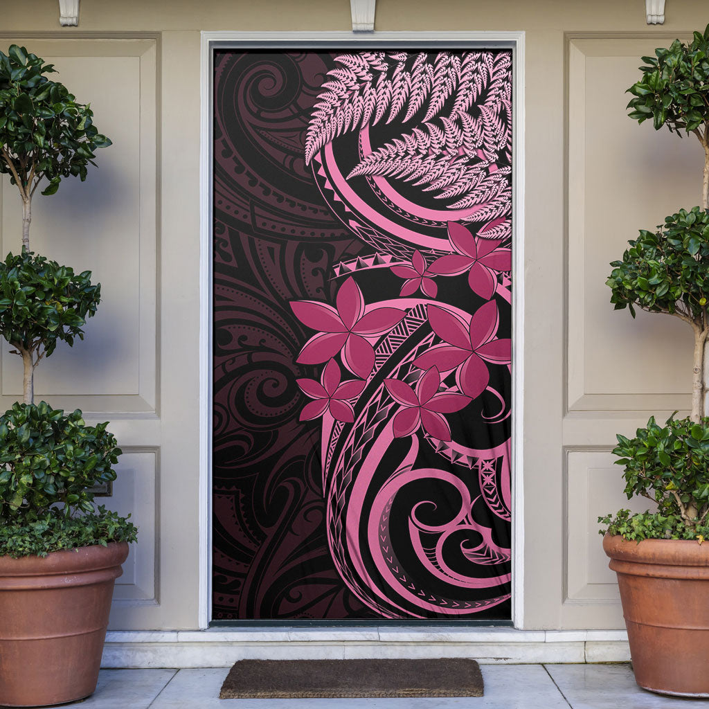 Aotearoa Maori Door Cover Pink Fern Ribbons on Black