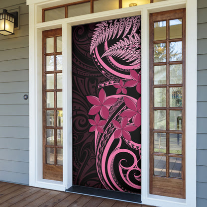 Aotearoa Maori Door Cover Pink Fern Ribbons on Black