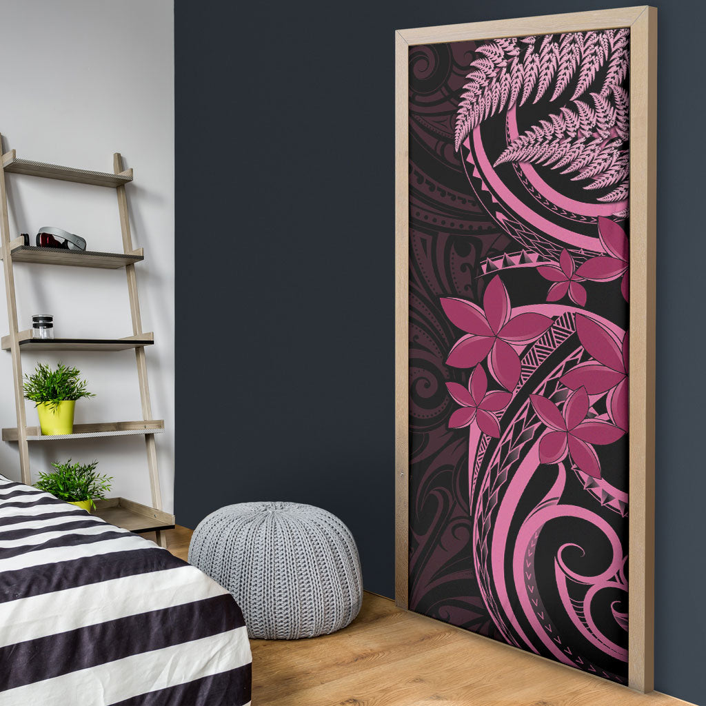 Aotearoa Maori Door Cover Pink Fern Ribbons on Black