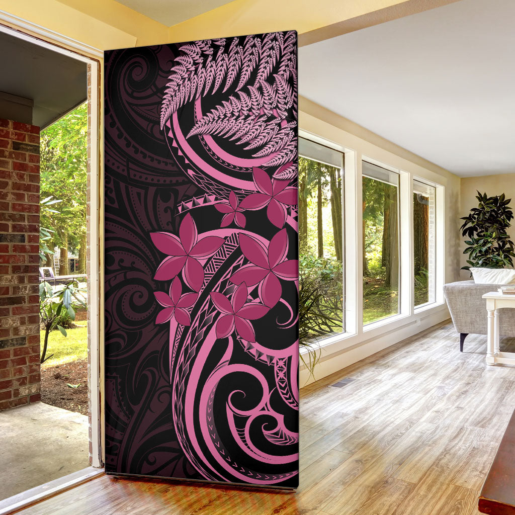 Aotearoa Maori Door Cover Pink Fern Ribbons on Black