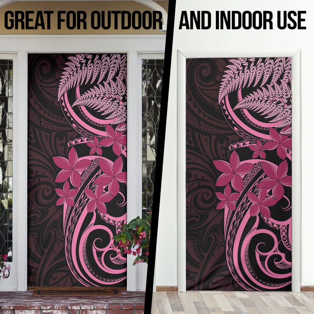 Aotearoa Maori Door Cover Pink Fern Ribbons on Black