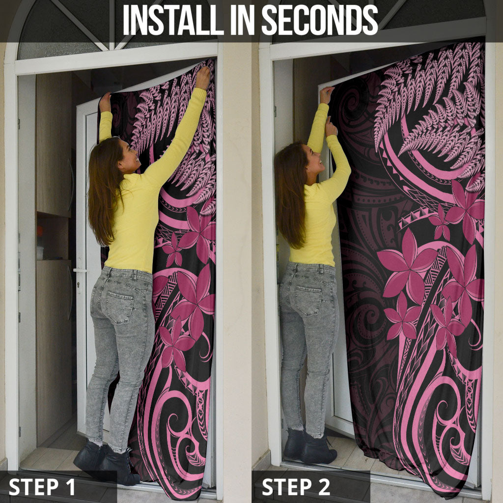 Aotearoa Maori Door Cover Pink Fern Ribbons on Black