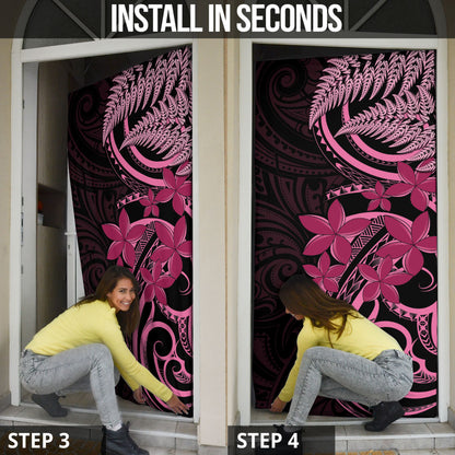 Aotearoa Maori Door Cover Pink Fern Ribbons on Black