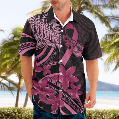 Aotearoa Maori Hawaiian Shirt Pink Fern Ribbons on Black