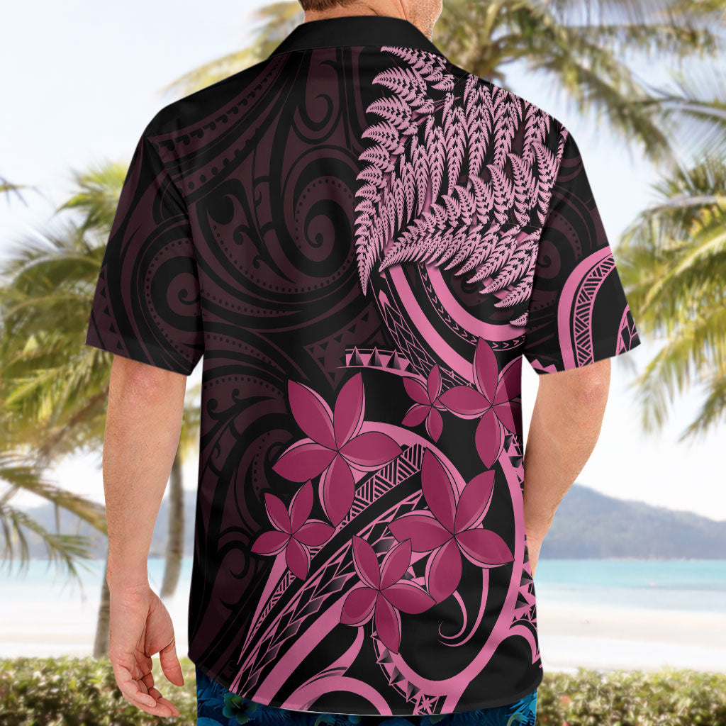 Aotearoa Maori Hawaiian Shirt Pink Fern Ribbons on Black