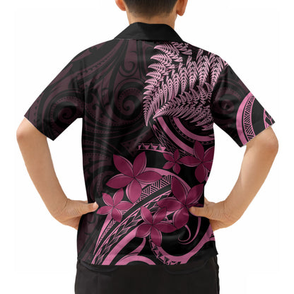 Aotearoa Maori Hawaiian Shirt Pink Fern Ribbons on Black