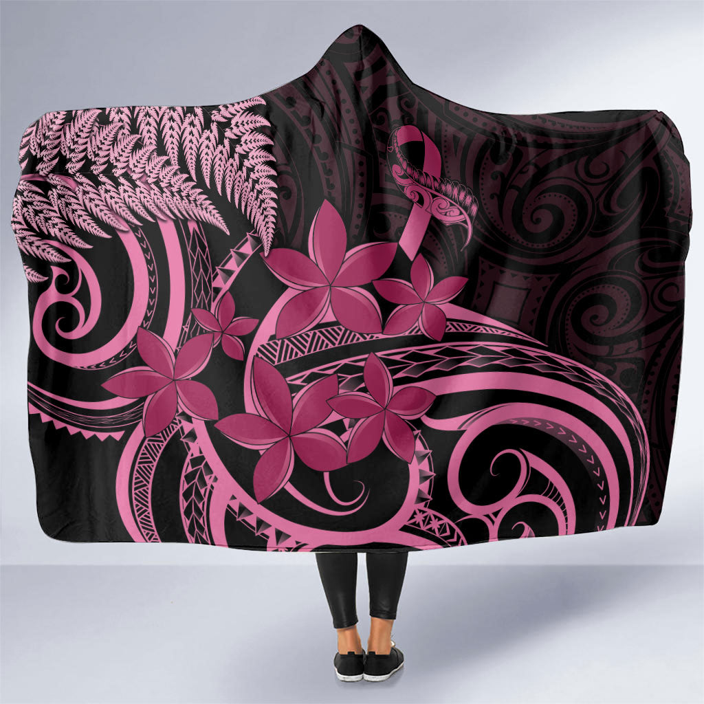 Aotearoa Maori Hooded Blanket Pink Fern Ribbons on Black