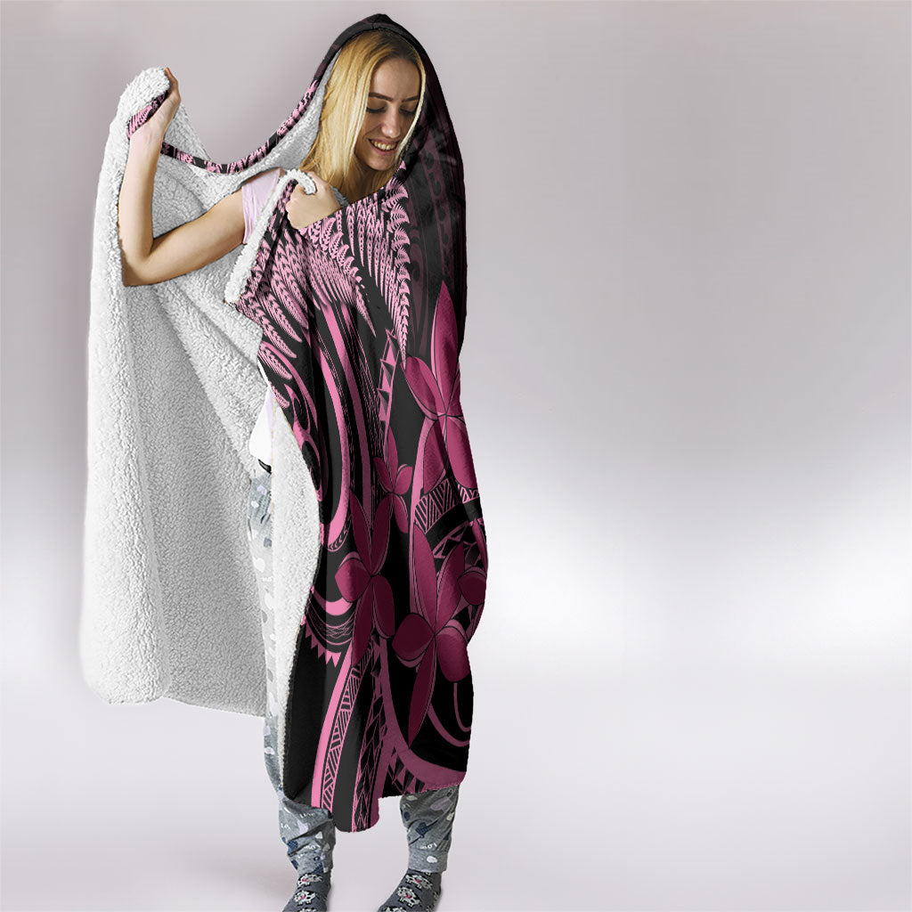 Aotearoa Maori Hooded Blanket Pink Fern Ribbons on Black