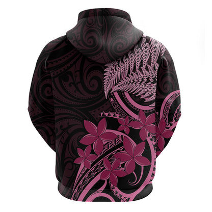 Aotearoa Maori Hoodie Pink Fern Ribbons on Black