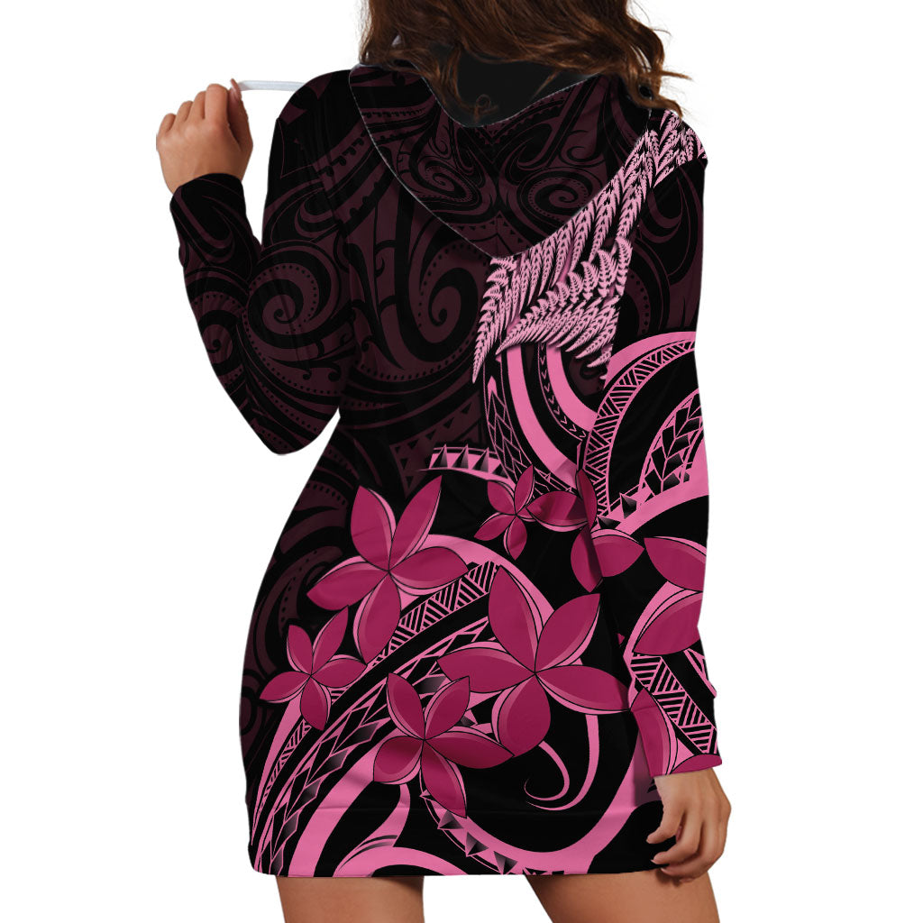Aotearoa Maori Hoodie Dress Pink Fern Ribbons on Black