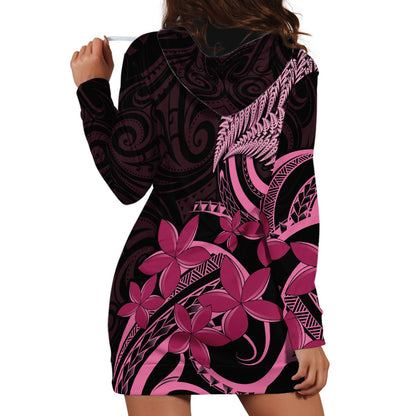 Aotearoa Maori Hoodie Dress Pink Fern Ribbons on Black