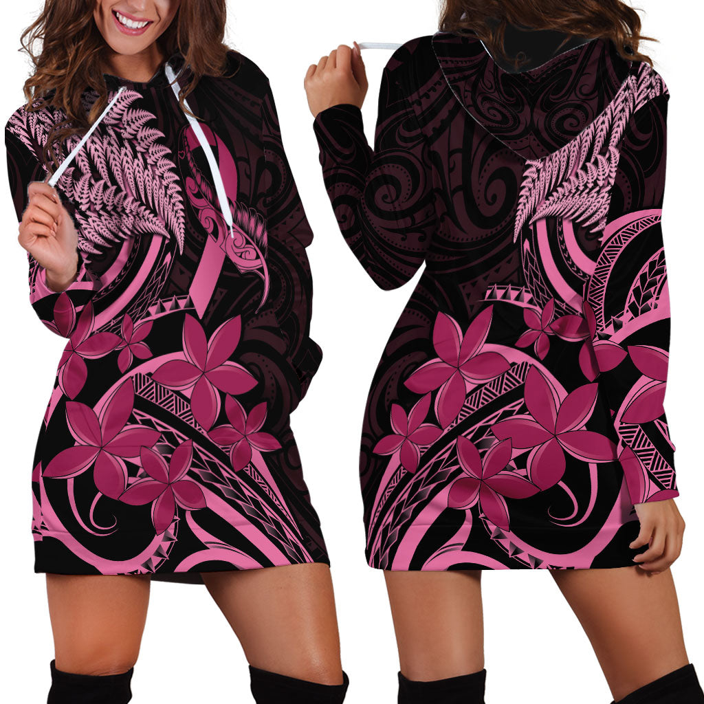 Aotearoa Maori Hoodie Dress Pink Fern Ribbons on Black