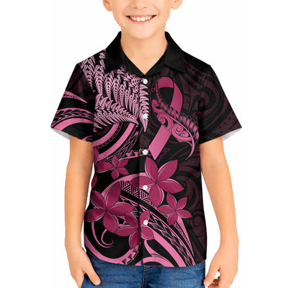 Aotearoa Maori Kid Hawaiian Shirt Pink Fern Ribbons on Black