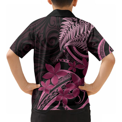 Aotearoa Maori Kid Hawaiian Shirt Pink Fern Ribbons on Black