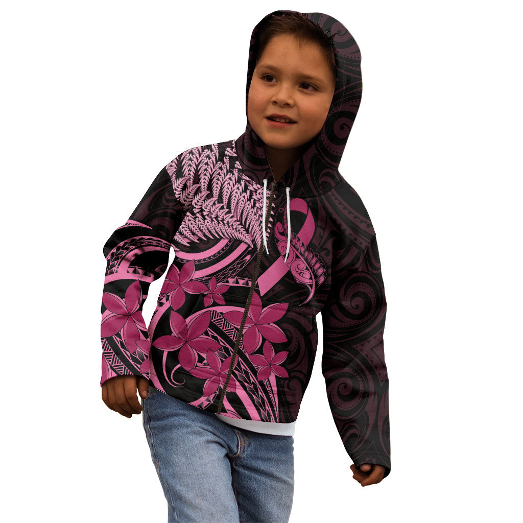 Aotearoa Maori Kid Hoodie Pink Fern Ribbons on Black