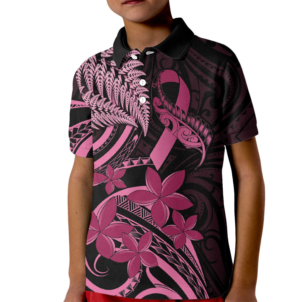 Aotearoa Maori Kid Polo Shirt Pink Fern Ribbons on Black